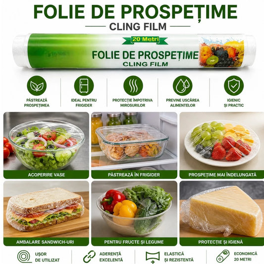 Folie Alimentară 20m, 29cm Latime, Transparentă, Rola Bucătărie pentru Ambalare