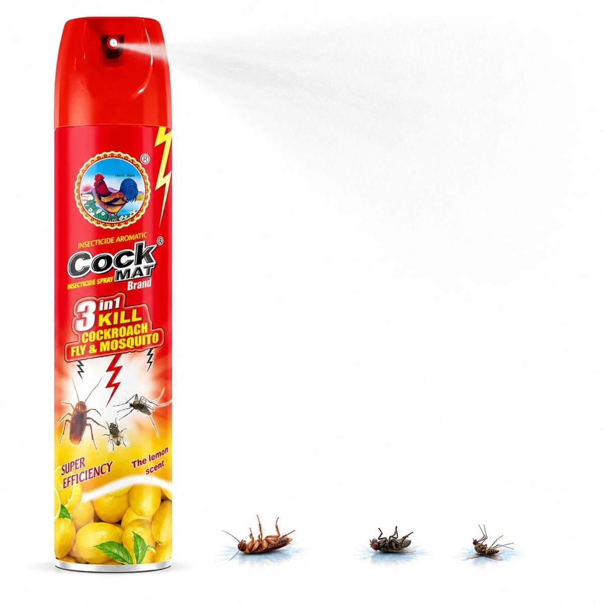 Spray Anti-Insecte Cock Mat 400ml, 3 în 1 cu Aromă Lămâie 12/set, pentru Gândaci, Muște și Țânțari