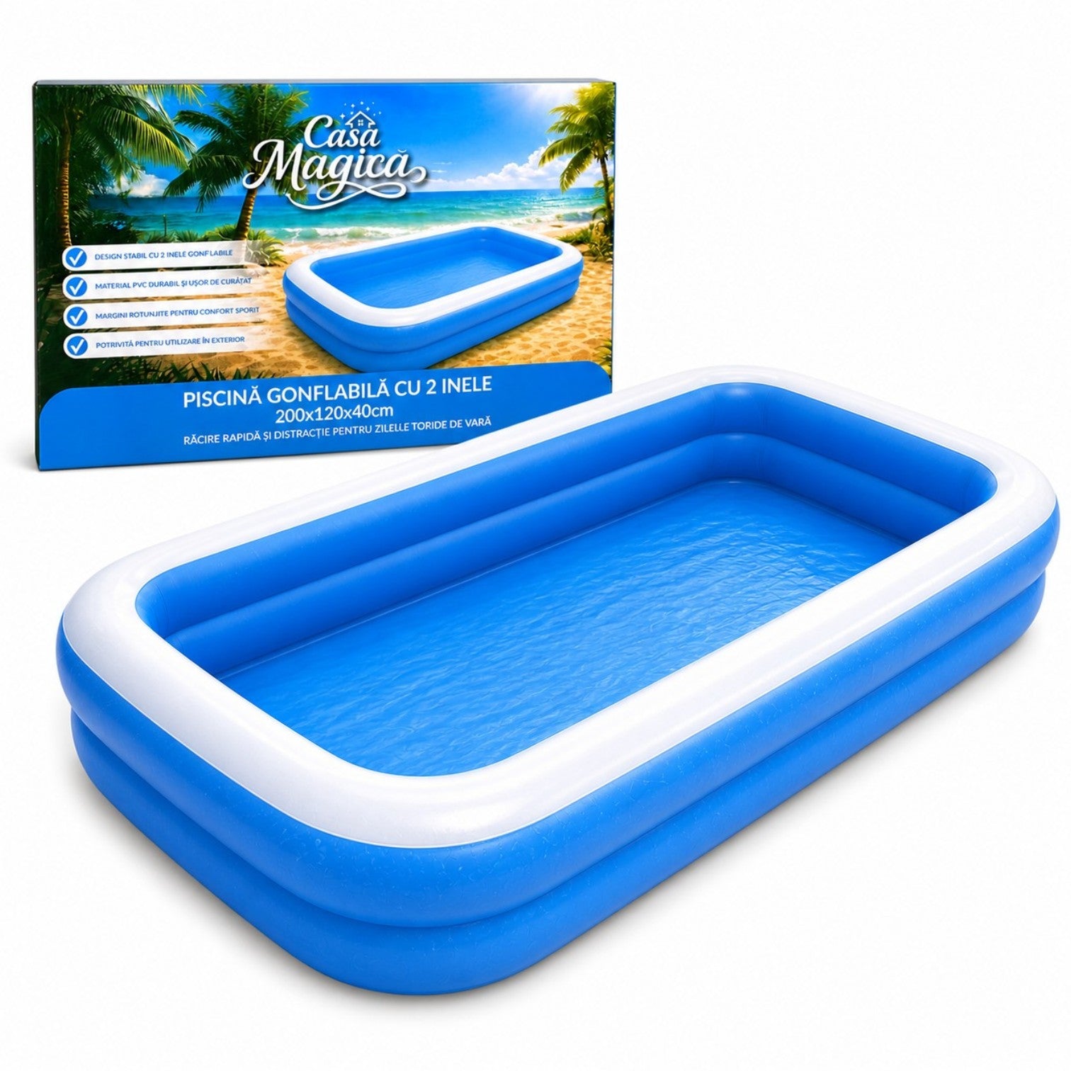Piscina Gonflabila cu 2 Inele, 200x120x40cm, din Material PVC Rezistent