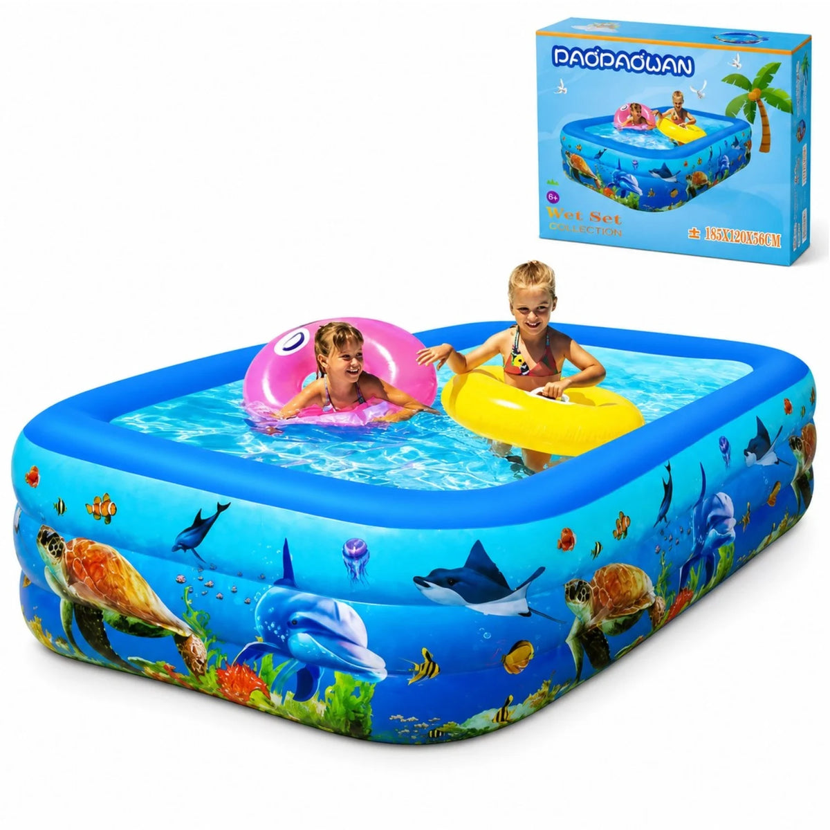 Piscină Gonflabilă 185x120x56cm, cu 3 Inele, Dreptunghiulară, Model Oceanic pentru Copii