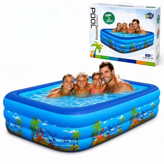 Piscina Gonflabila 210x135x54cm, cu 3 Inele, Dreptunghiulara, Model Oceanic pentru Copii, din PVC Rezistent