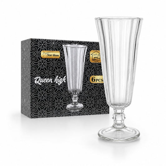 Pahar cu Picior 16cm, din Sticlă 6/set, Model Striat, Transparent