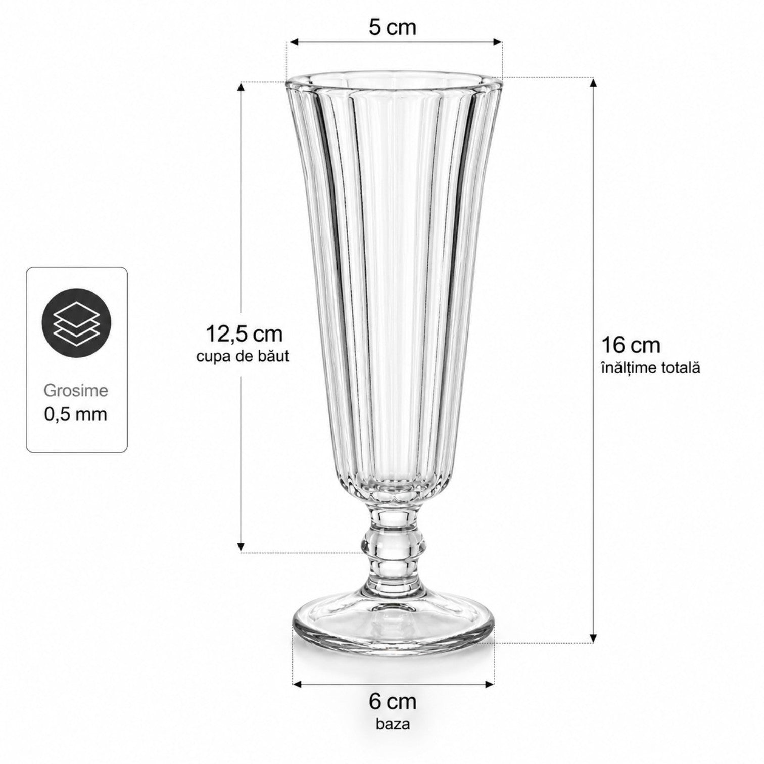 Pahar cu Picior 16cm, din Sticlă 6/set, Model Striat, Transparent