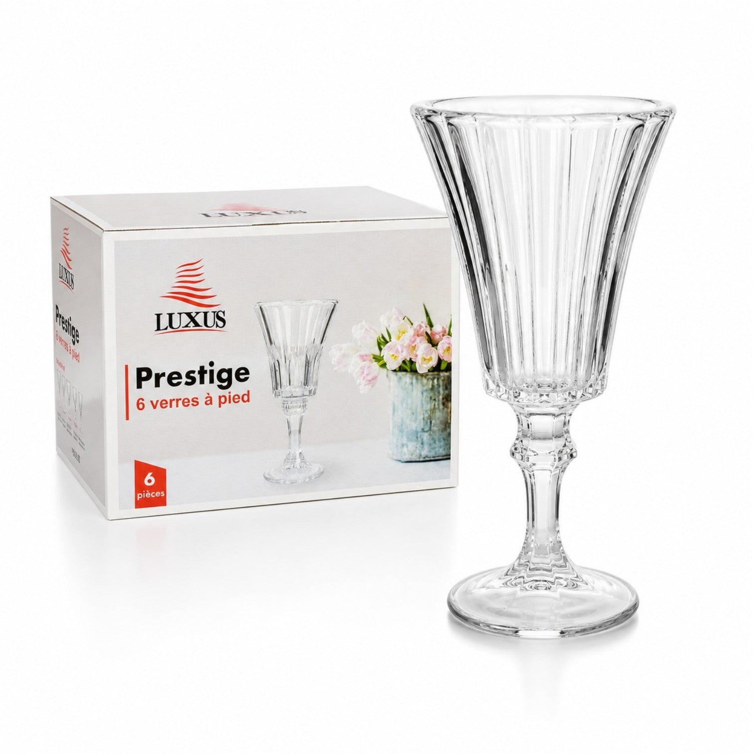 Pahar din Sticlă 16.5cm, cu Picior 6/set, Model Striat, Trasparent