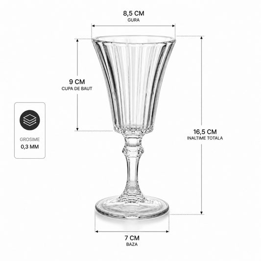 Pahar din Sticlă 16.5cm, cu Picior 6/set, Model Striat, Trasparent