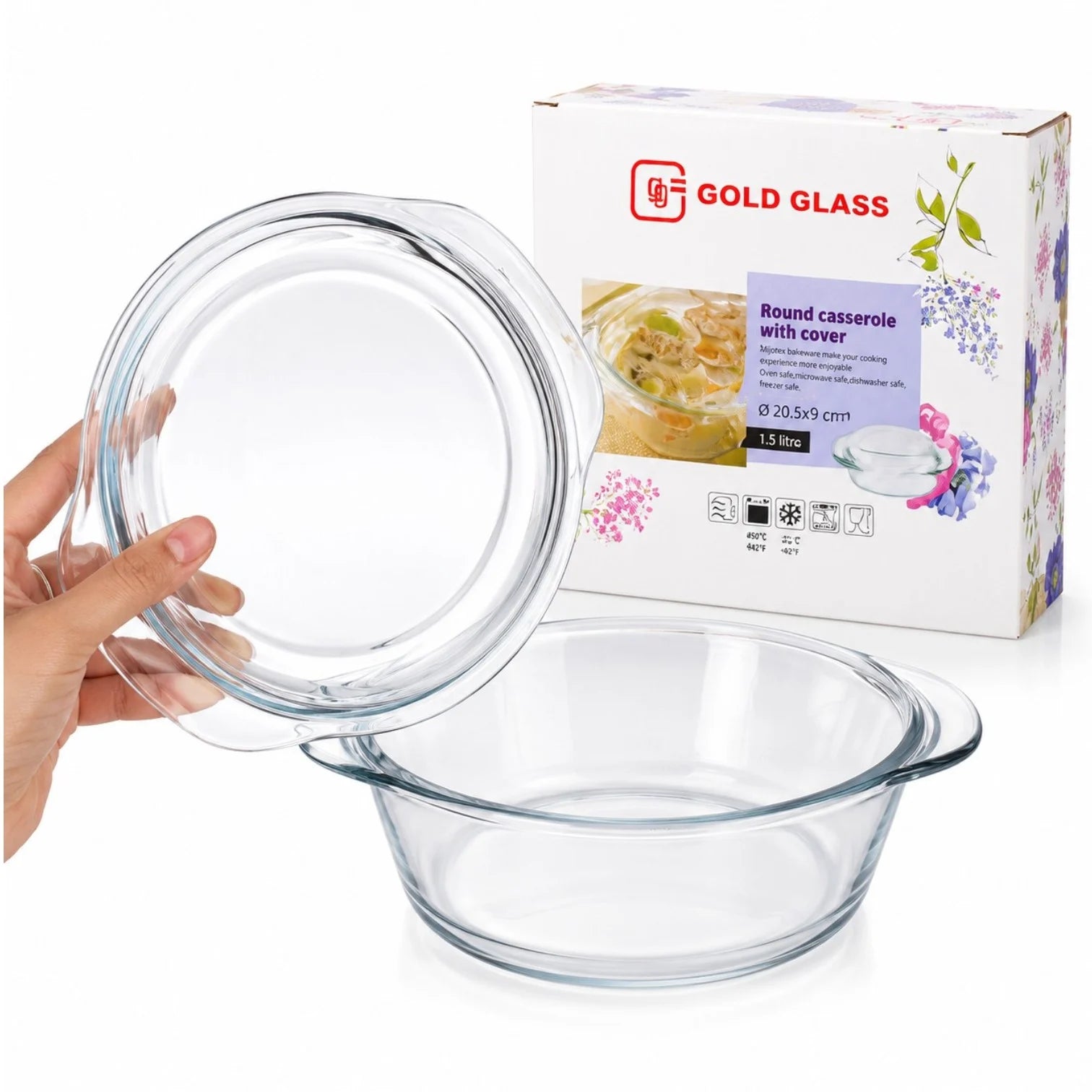 Vas Rotund 20.5x9cm cu Capac, din Sticlă Termorezistentă 1.5L, pentru Cuptor și Gătit, Model Transparent
