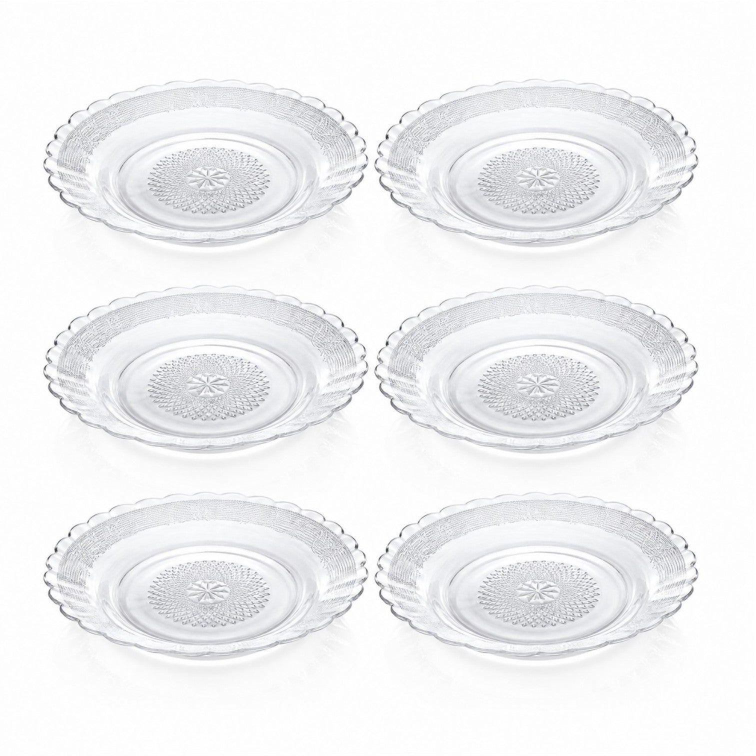 Farfurie Adâncă din Sticlă 19.5x3cm, Model Embosat 6/set, cu Margini Ondulate, Transparentă