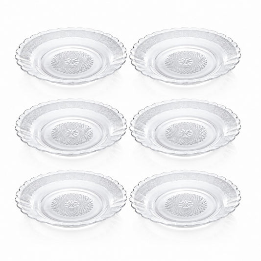 Farfurie Adâncă din Sticlă 19.5x3cm, Model Embosat 6/set, cu Margini Ondulate, Transparentă