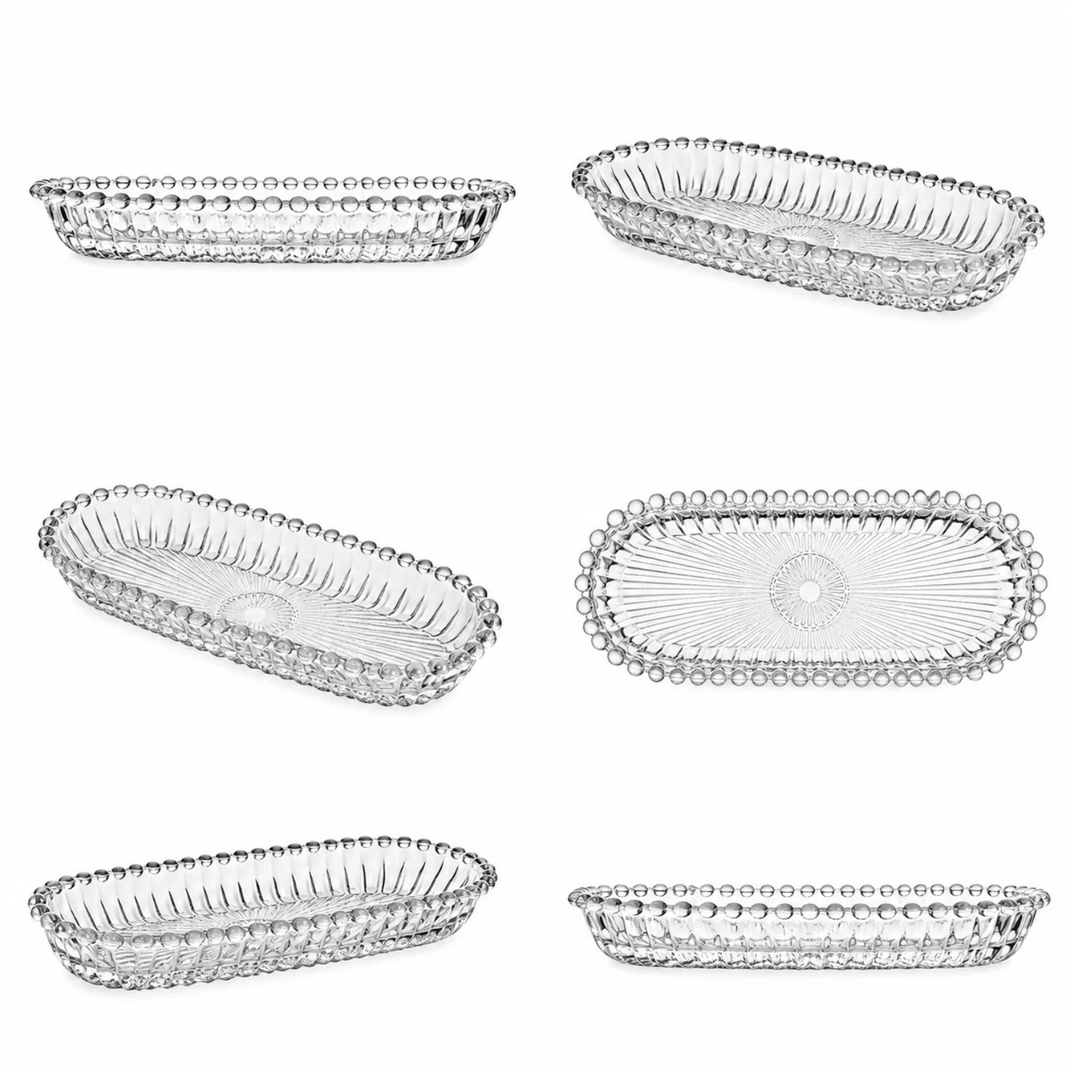 Platou Oval 14.5x6.5x2cm, din Sticlă 6/set, Model Embosat cu Margini Perlate, Transparent&nbsp;