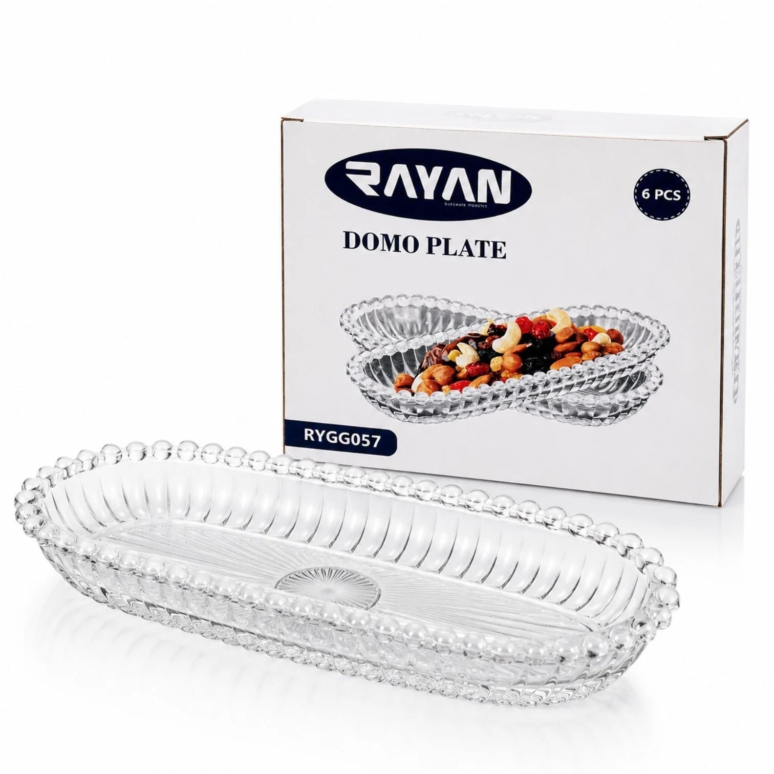 Platou Oval 14.5x6.5x2cm, din Sticlă 6/set, Model Embosat cu Margini Perlate, Transparent&nbsp;