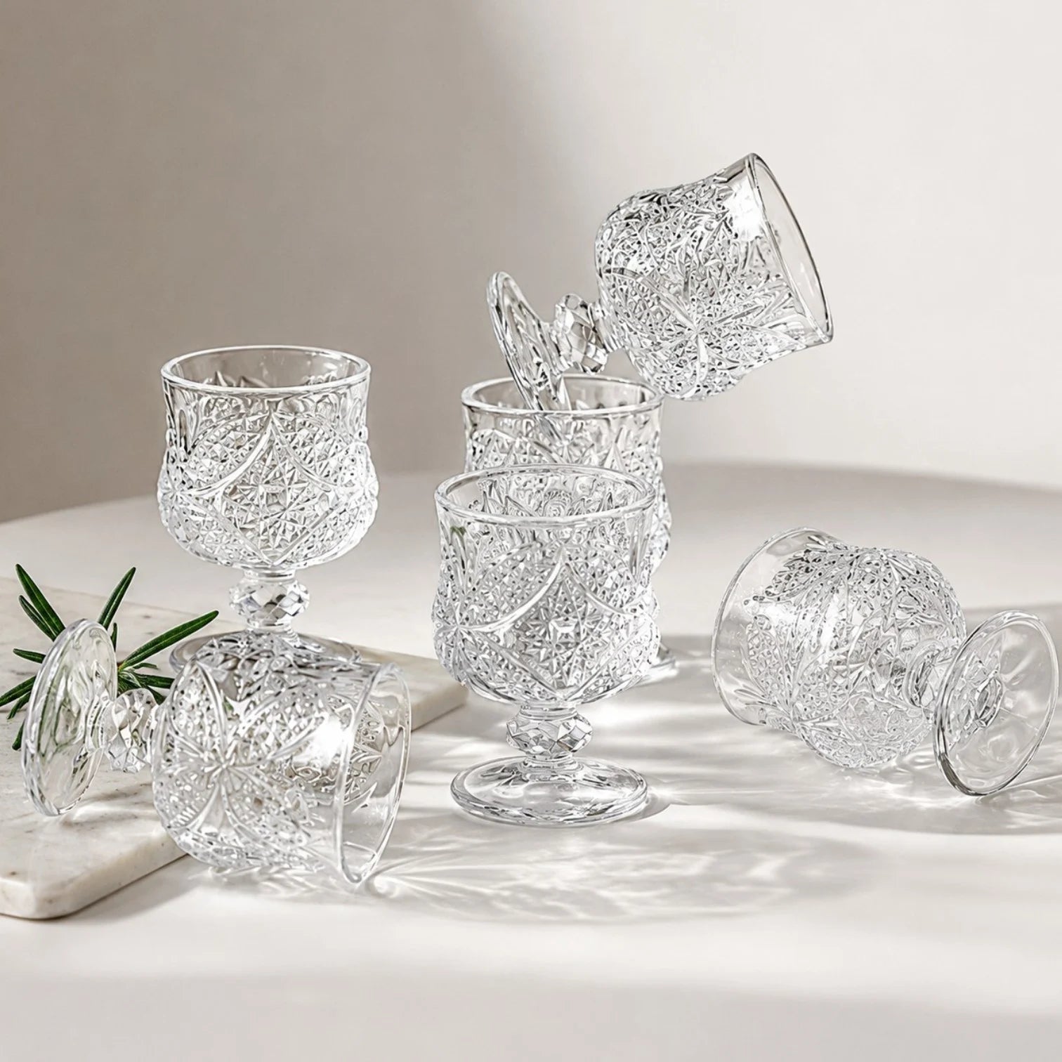 Pahar cu Picior 7cm, din Sticla 6/set, Model Floral, Transparent