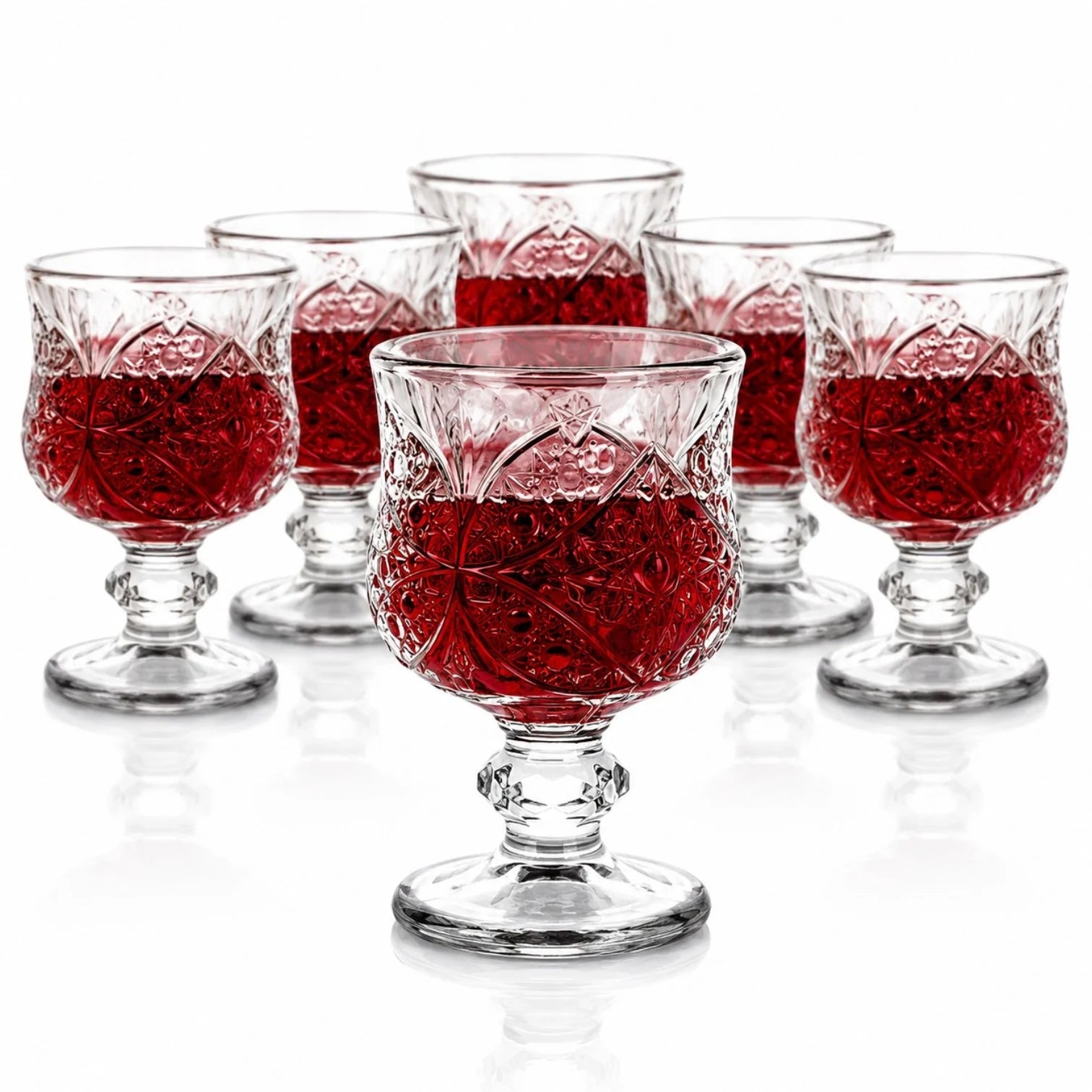 Pahar cu Picior 7cm, din Sticla 6/set, Model Floral, Transparent