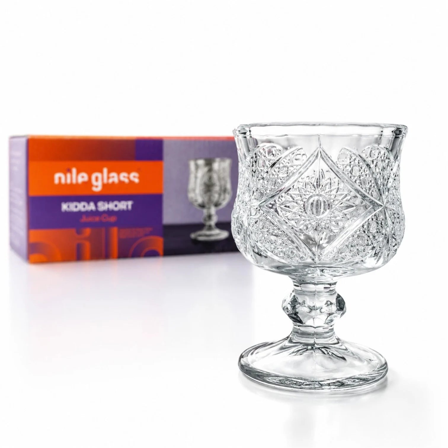 Pahar cu Picior 7cm, din Sticla 6/set, Model Floral, Transparent