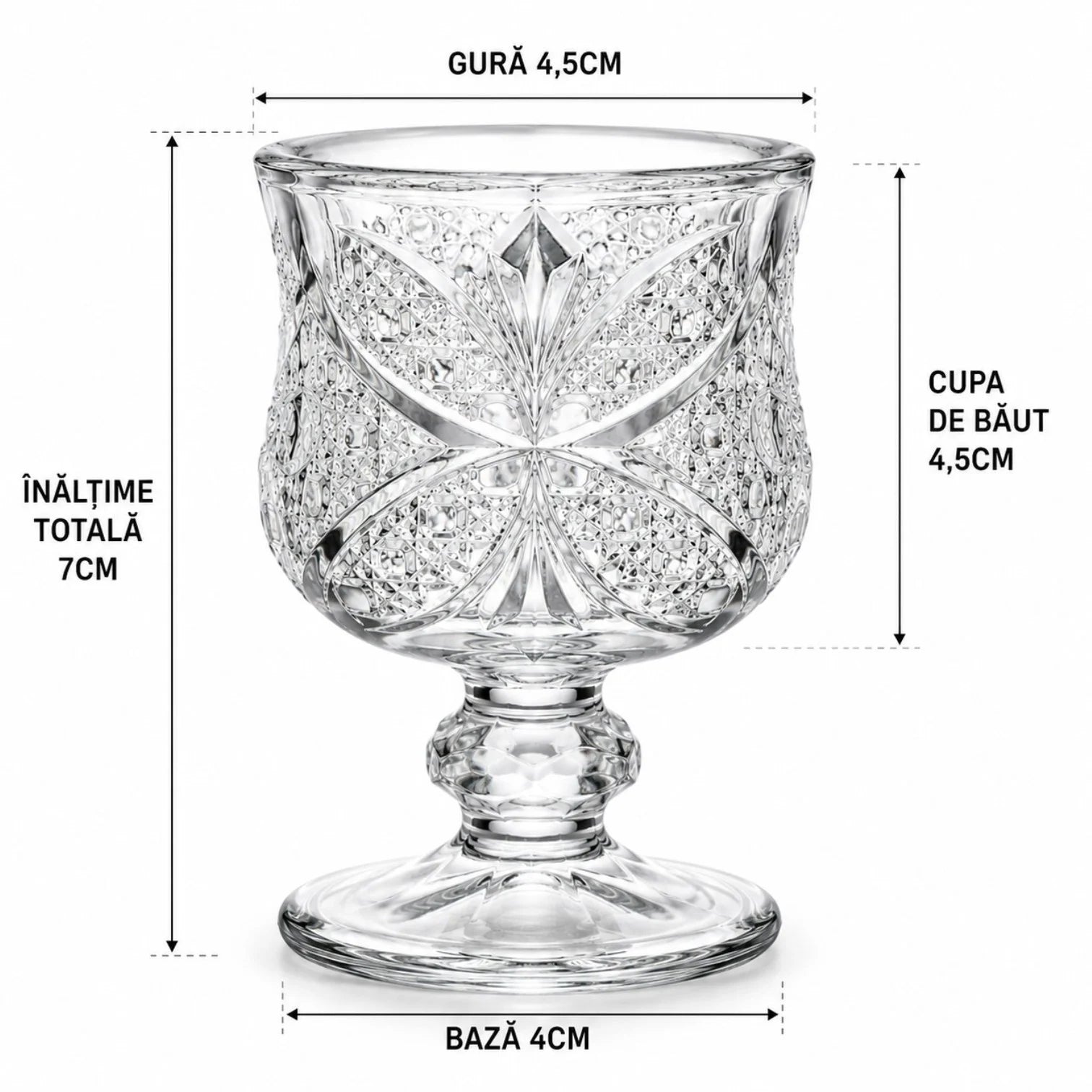 Pahar cu Picior 7cm, din Sticla 6/set, Model Floral, Transparent