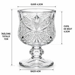 Pahar cu Picior 7cm, din Sticla 6/set, Model Floral, Transparent