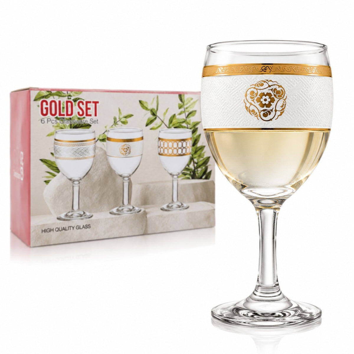 Pahar cu Picior 15cm, din Sticlă 6/set, Model Floral Auriu, Transparent