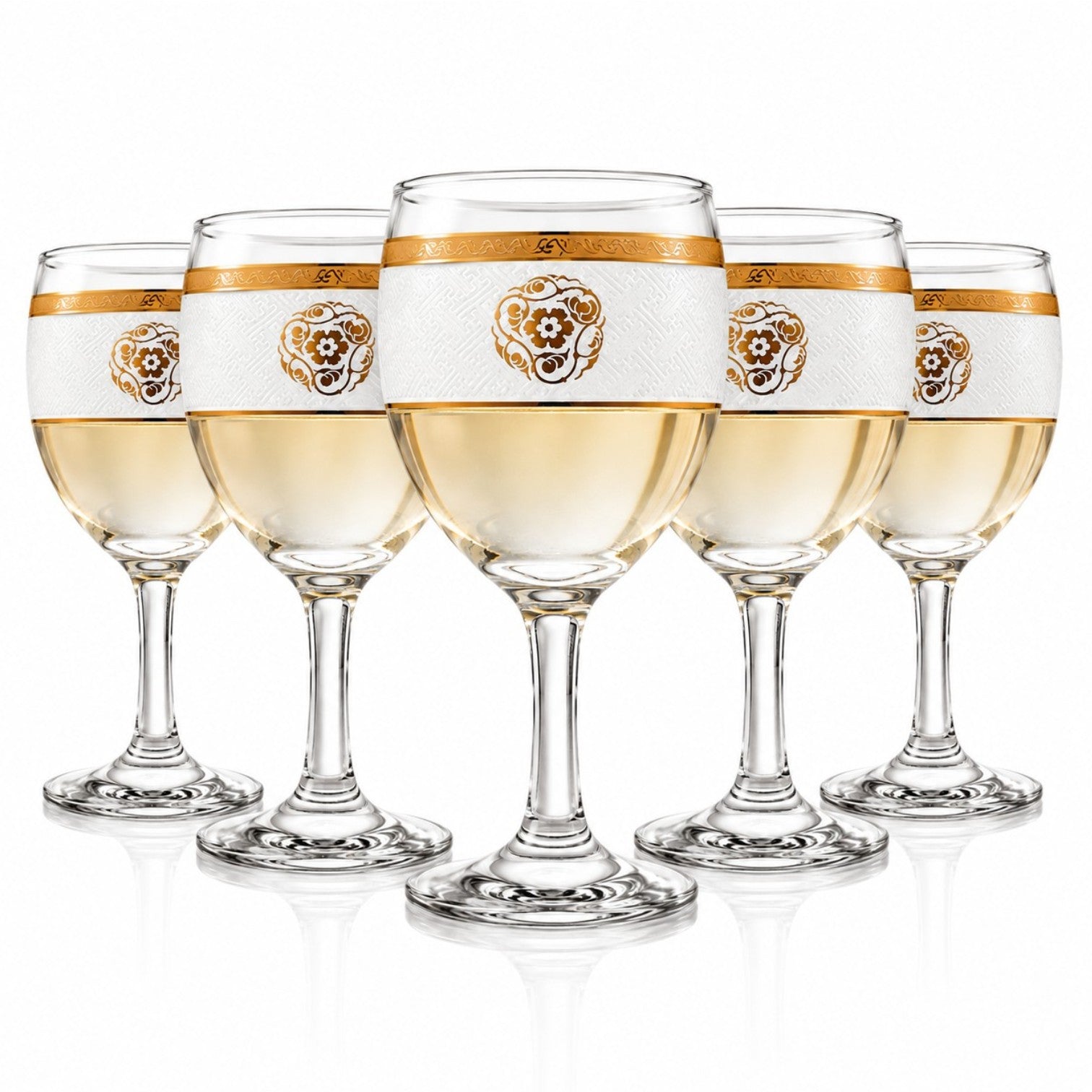 Pahar cu Picior 15cm, din Sticlă 6/set, Model Floral Auriu, Transparent
