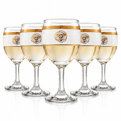Pahar cu Picior 15cm, din Sticlă 6/set, Model Floral Auriu, Transparent
