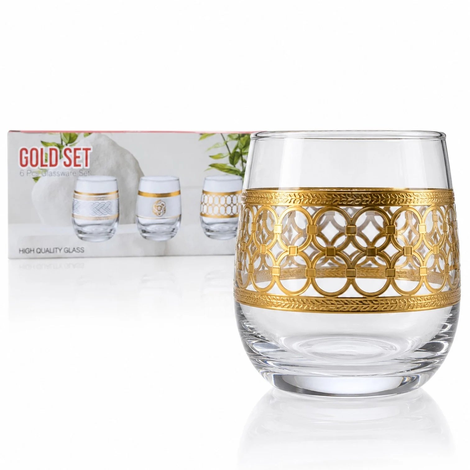 Pahar din Sticlă 9.5x7cm, Transparent 6/set, cu Model Auriu