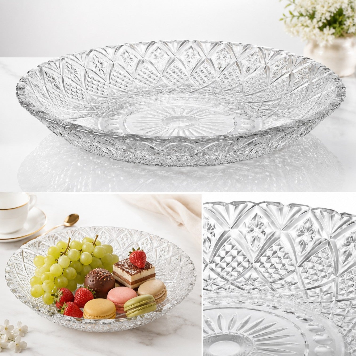 Platou din Sticlă 30cm, Model Cristal Floral Geometric, Transparent