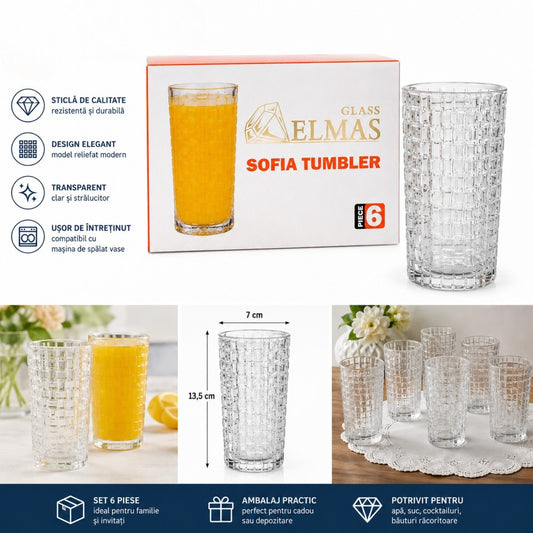 Pahar din Sticla 13.5x7cm, Transparent 6/set, cu Model Tip Cristal