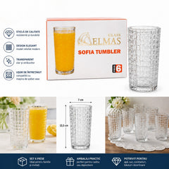 Pahar din Sticla 13.5x7cm, Transparent 6/set, cu Model Tip Cristal