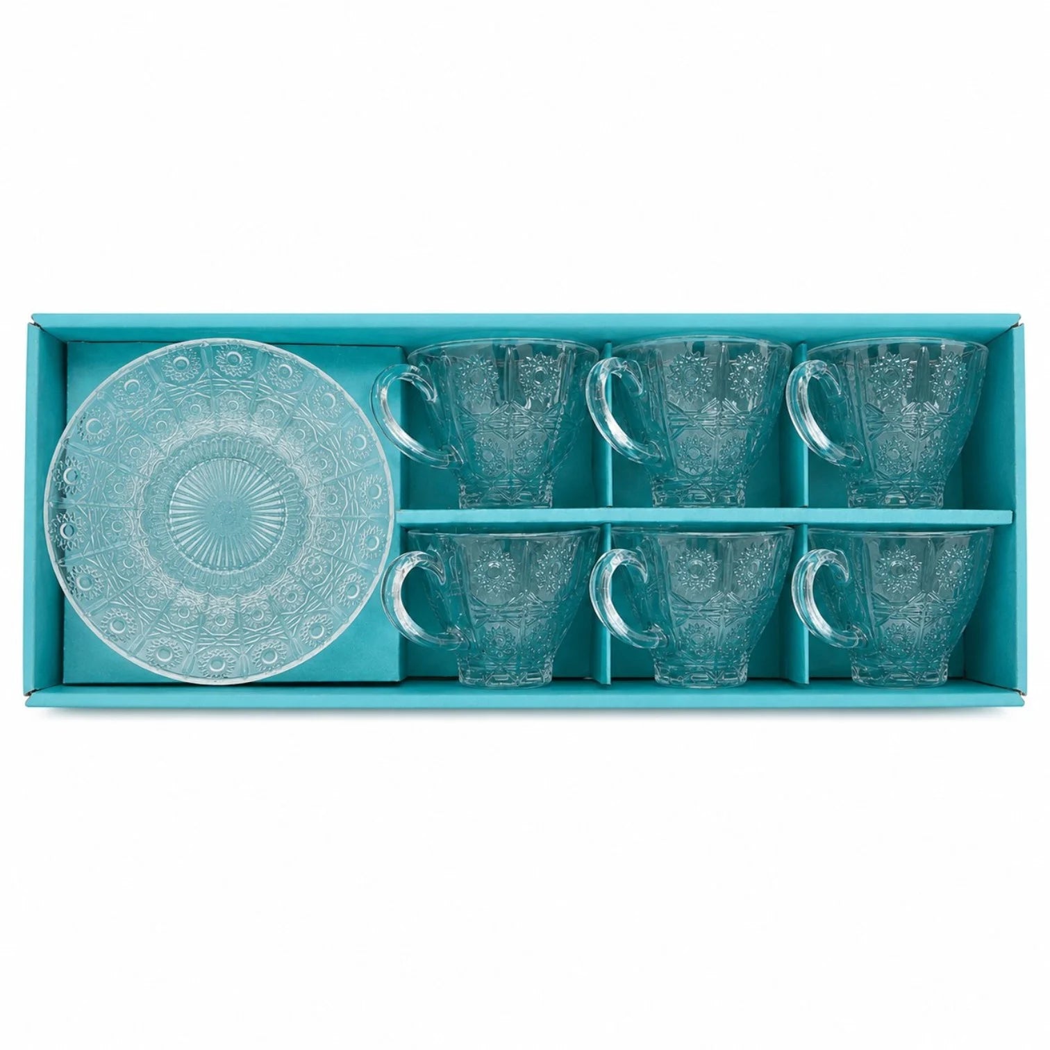 Ceasca din Sticla 6/set, cu Farfurie 14.5cm, Model cu Soare, 7x9cm