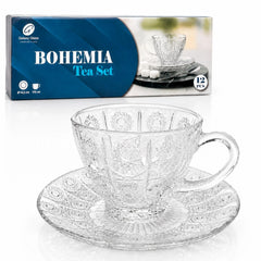 Ceasca din Sticla 6/set, cu Farfurie 14.5cm, Model cu Soare, 7x9cm