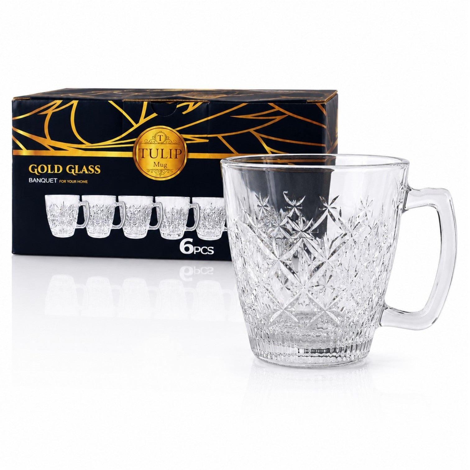 Cana din Sticla 6/set, Transparenta, 8x7.5x5cm, Model Cristal cu Maner