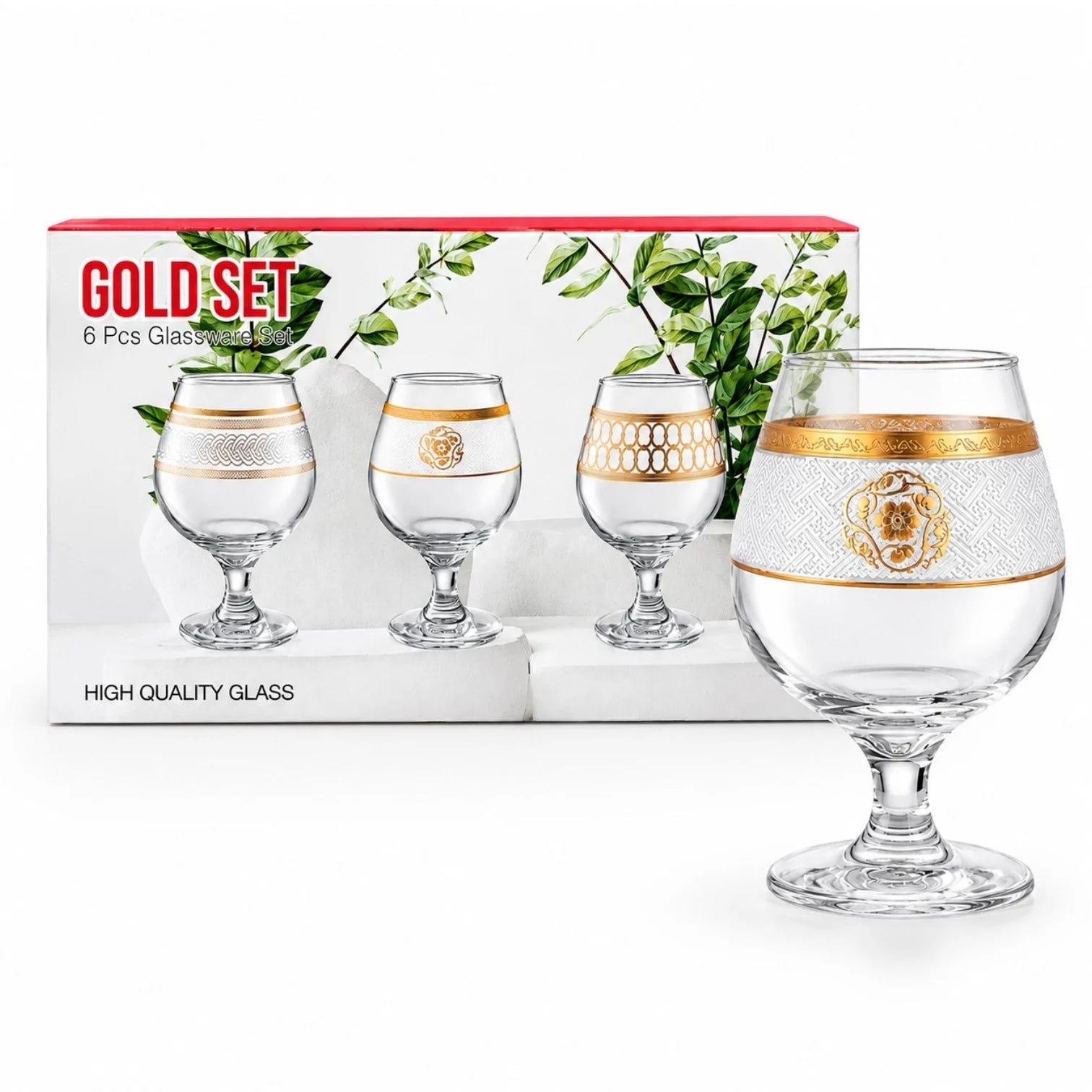 Pahar cu Picior 6/set, Model Gold Alb-Auriu, 13cm din Sticla, Transparent