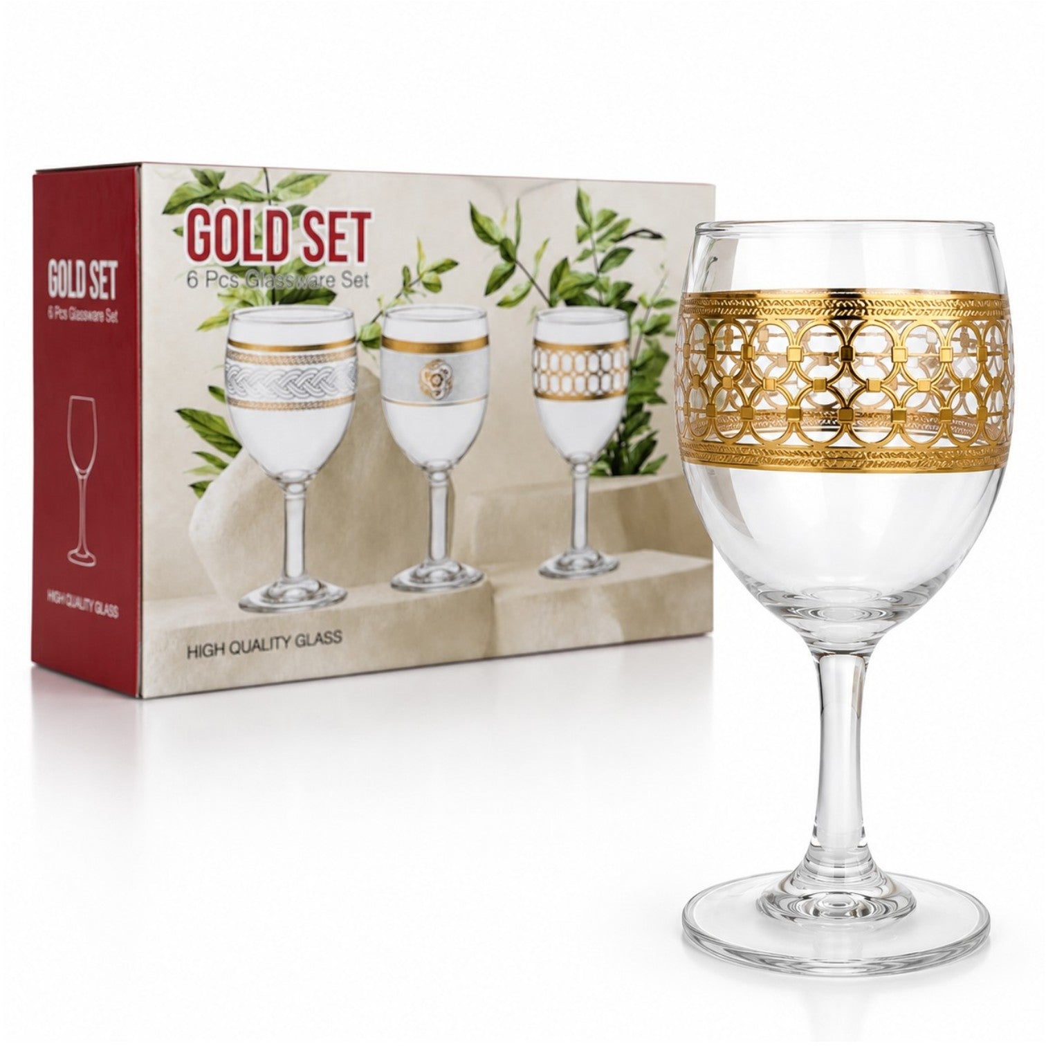 Pahar cu Picior 6/set, din Sticla, 15cm Model Gold, Transparent