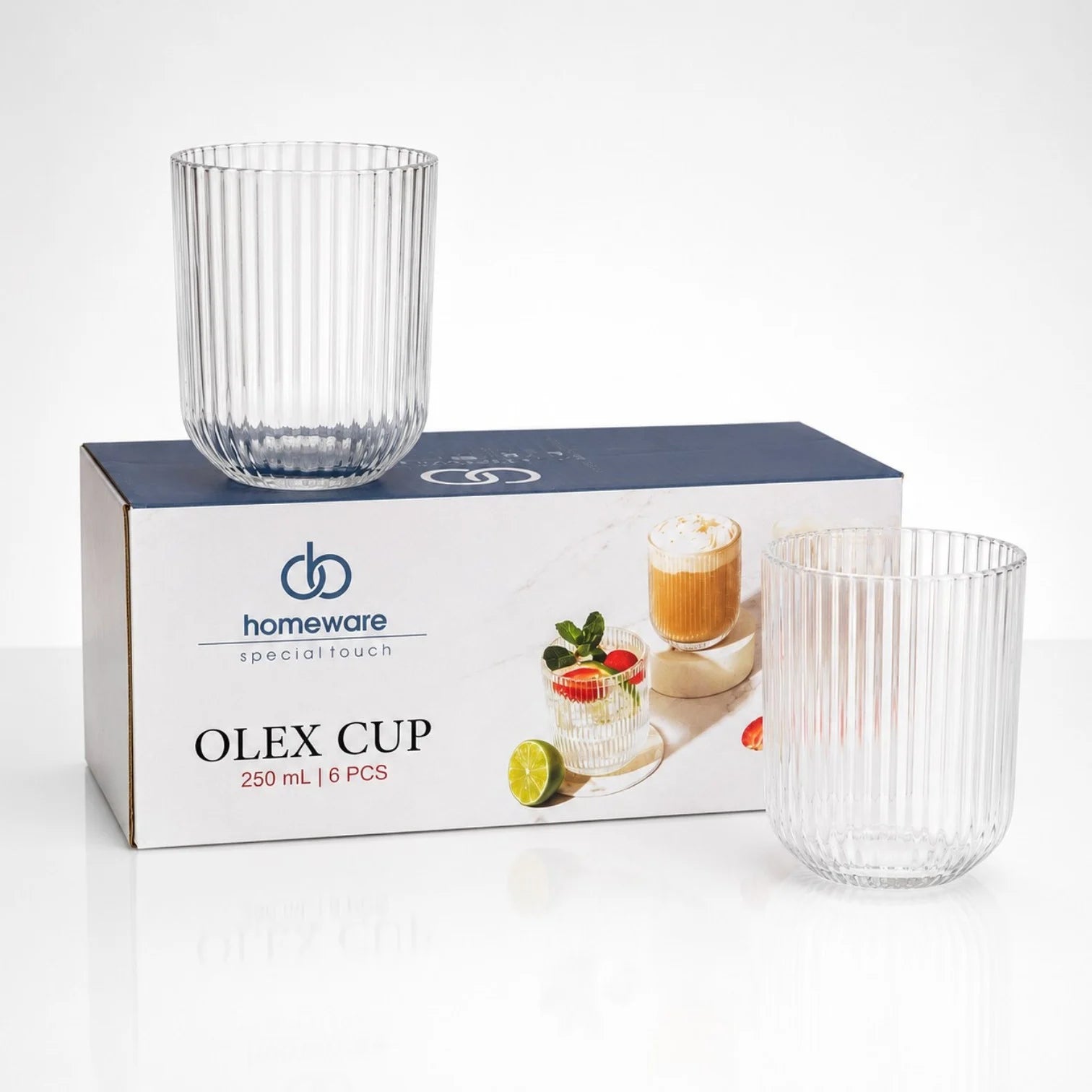 Pahar din Sticla 250ml, 6/set, Model Striat 9x7.5cm, Transparent