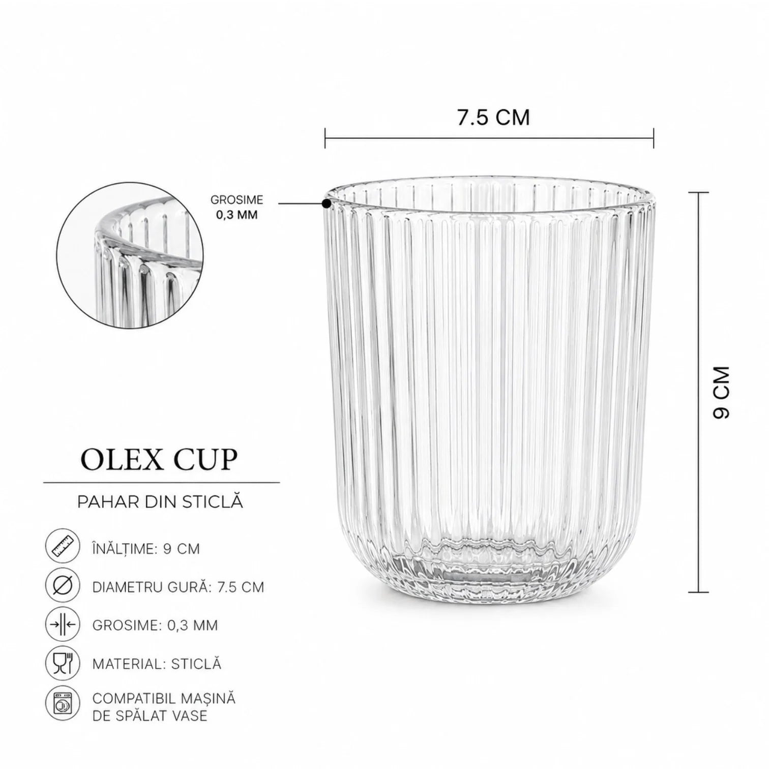 Pahar din Sticla 250ml, 6/set, Model Striat 9x7.5cm, Transparent