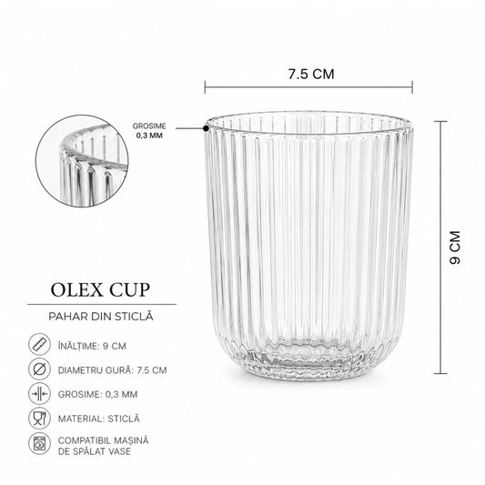 Pahar din Sticla 250ml, 6/set, Model Striat 9x7.5cm, Transparent