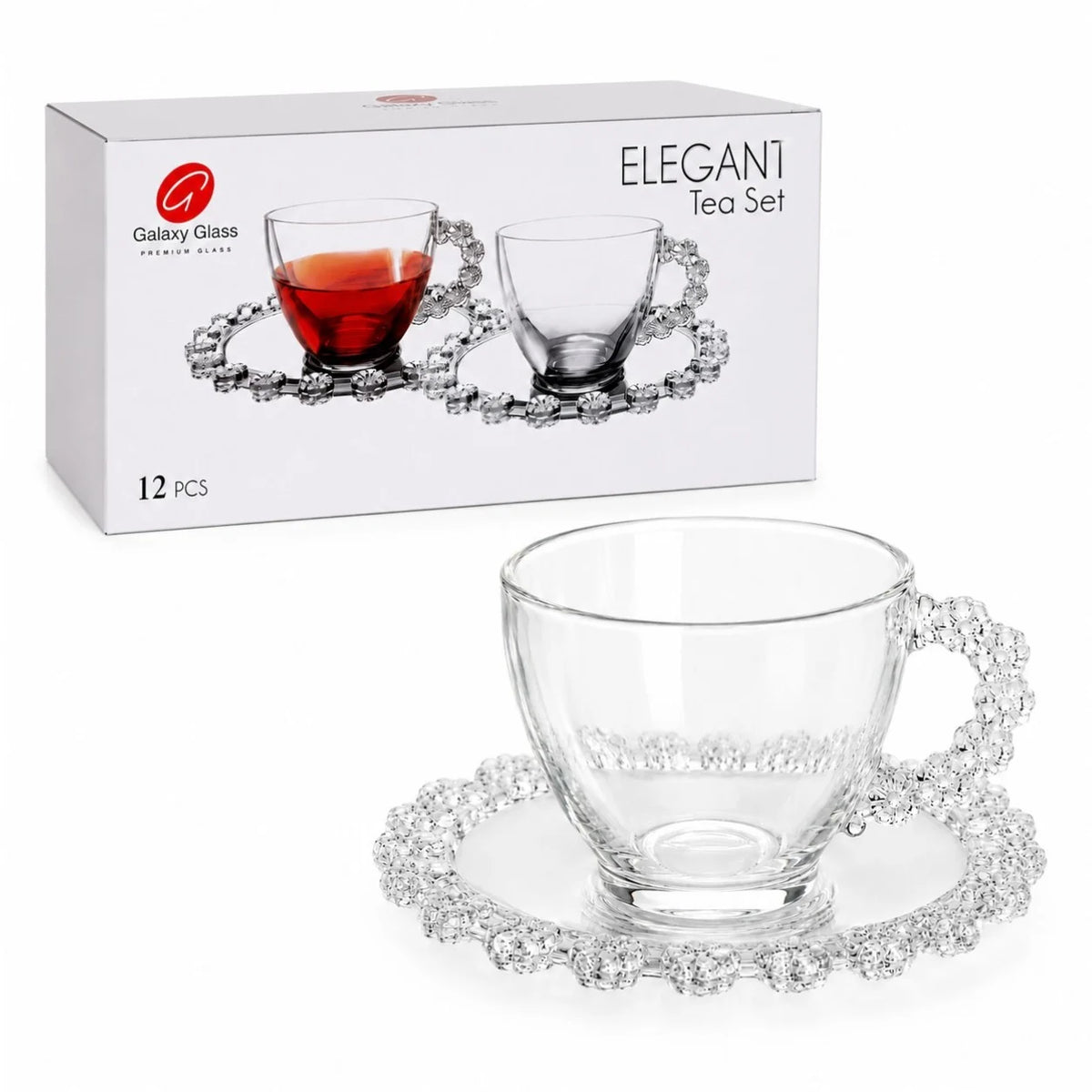 Cana 7cm cu Farfurioara 13.5cm, din Sticla 6/set, Model Floricele cu Maner, Transparenta&nbsp;