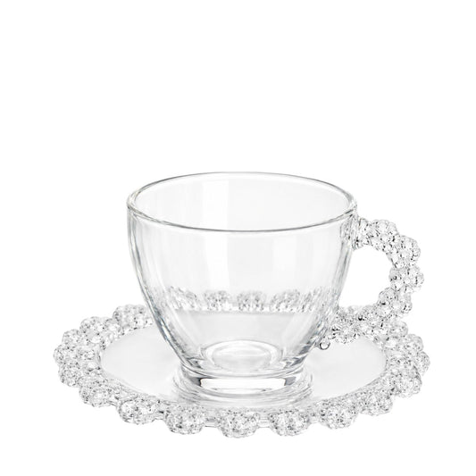Cana 7cm cu Farfurioara 13.5cm, din Sticla 6/set, Model Floricele cu Maner, Transparenta&nbsp;