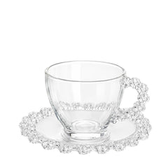 Cana 7cm cu Farfurioara 13.5cm, din Sticla 6/set, Model Floricele cu Maner, Transparenta&nbsp;