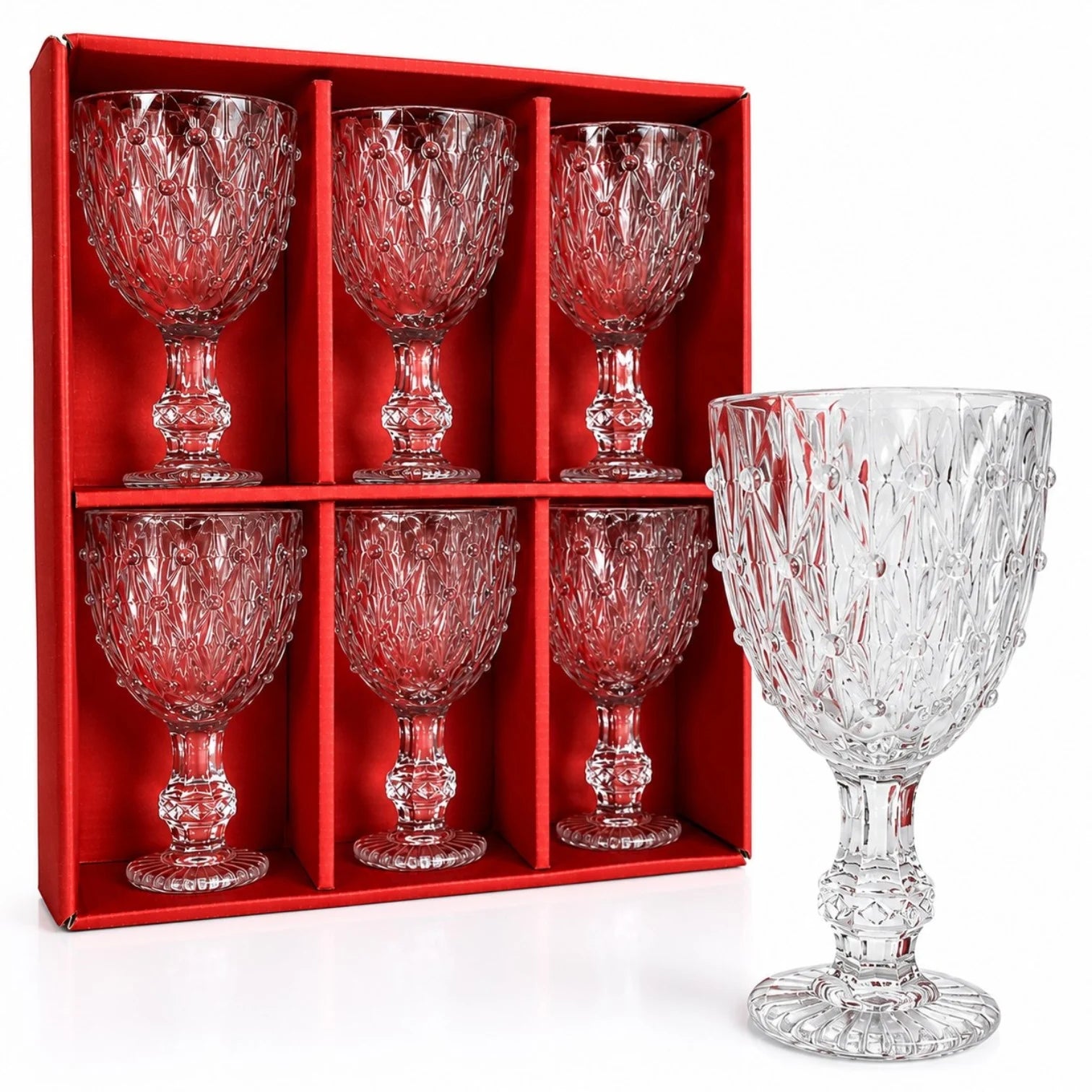 Pahar cu Picior 6/set, din Sticlă 14x7.5cm, Model Cristal Embosat, Transparent