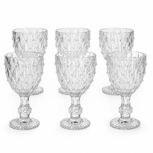 Pahar cu Picior 6/set, din Sticlă 14x7.5cm, Model Cristal Embosat, Transparent