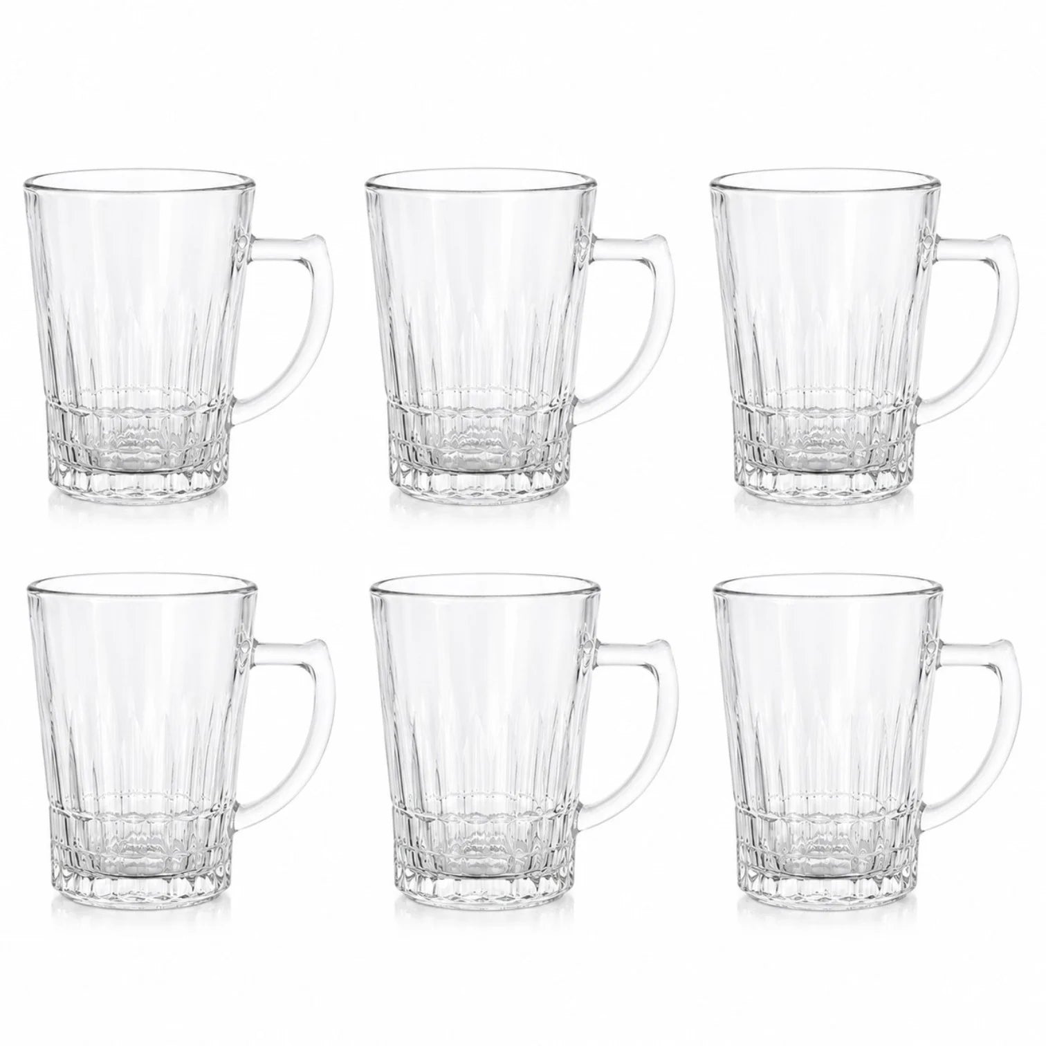 Cană din Sticlă 6/set, cu Mâner și Bază Striată 10x7cm, Transparentă