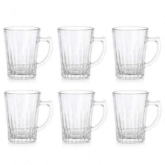 Cană din Sticlă 6/set, cu Mâner și Bază Striată 10x7cm, Transparentă