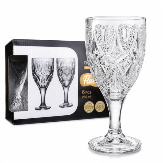 Pahar cu Picior 6/set, din Sticlă 16cm, Model Lacrimă și Diamant, Transparent&nbsp;