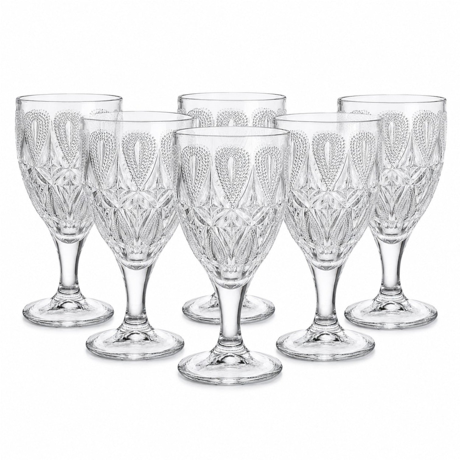 Pahar cu Picior 6/set, din Sticlă 16cm, Model Lacrimă și Diamant, Transparent&nbsp;