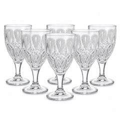 Pahar cu Picior 6/set, din Sticlă 16cm, Model Lacrimă și Diamant, Transparent&nbsp;