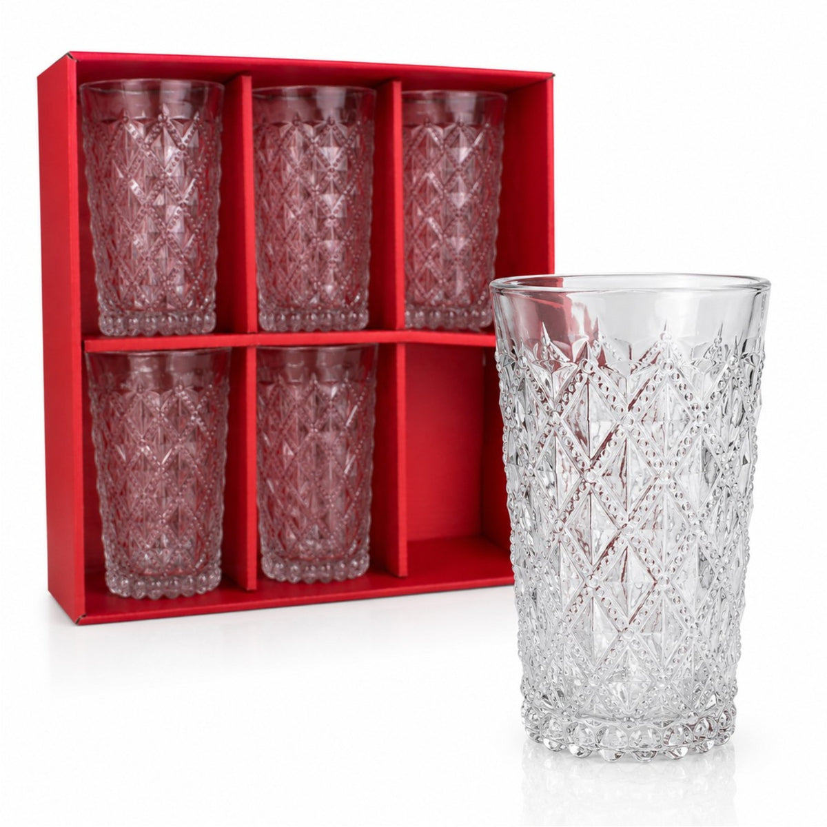 Pahar din Sticlă 6/set, Model Cristal 12.5cm, Embosat Tip Diamant, Transparent