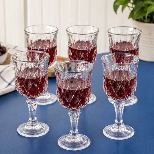 Pahar cu Picior 6/set, din Sticlă 16cm, Model Cristal Embosat, Transparent
