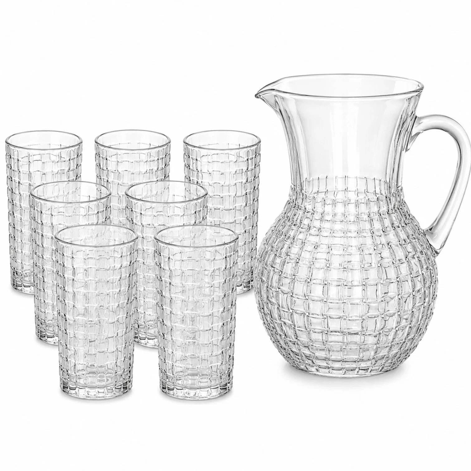 Carafa 22cm, cu 6 Pahare 13.5cm, din Sticlă Texturată, Model Împletit, Transparent