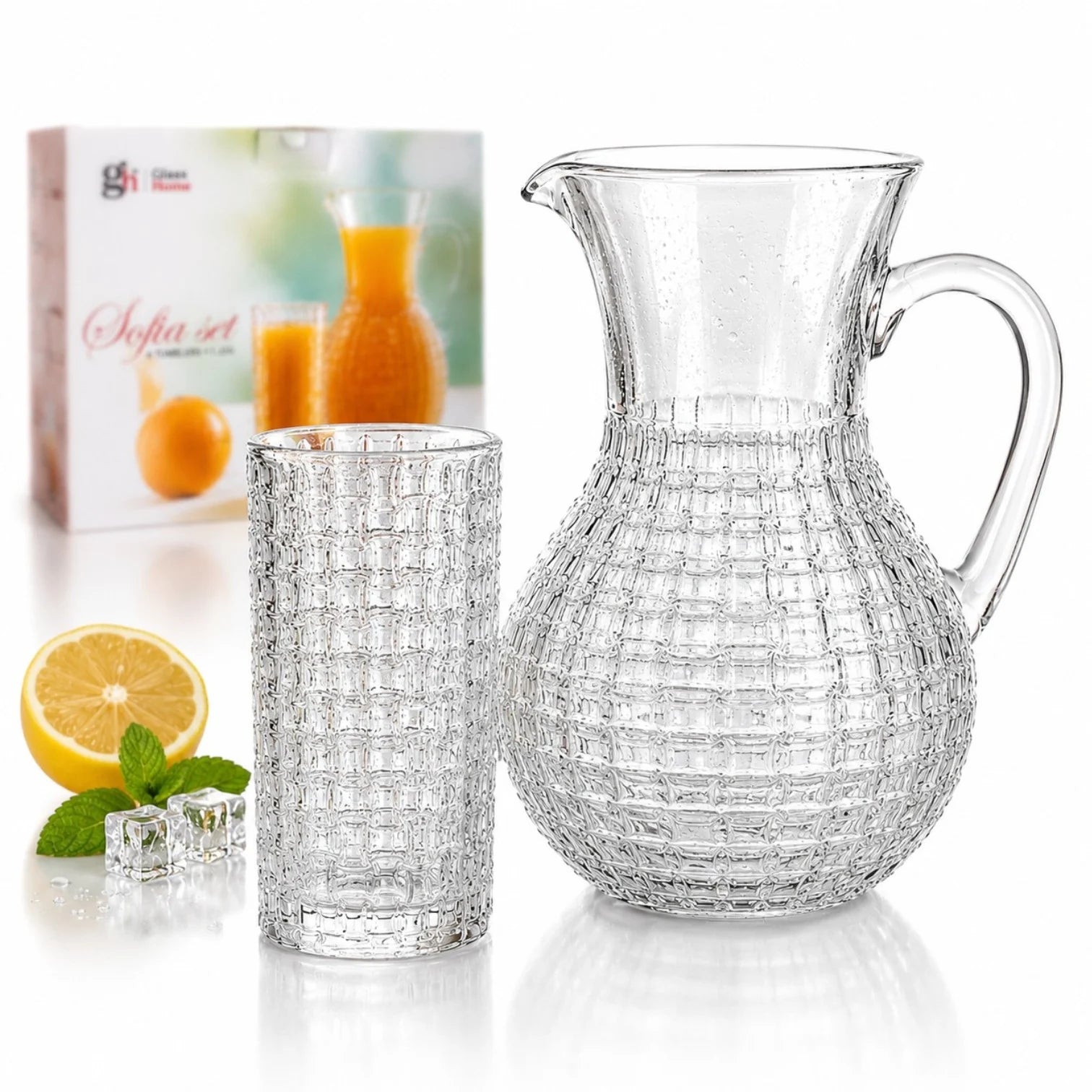 Carafa 22cm, cu 6 Pahare 13.5cm, din Sticlă Texturată, Model Împletit, Transparent
