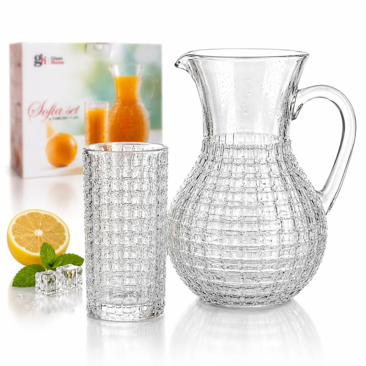 Carafa 22cm, cu 6 Pahare 13.5cm, din Sticlă Texturată, Model Împletit, Transparent
