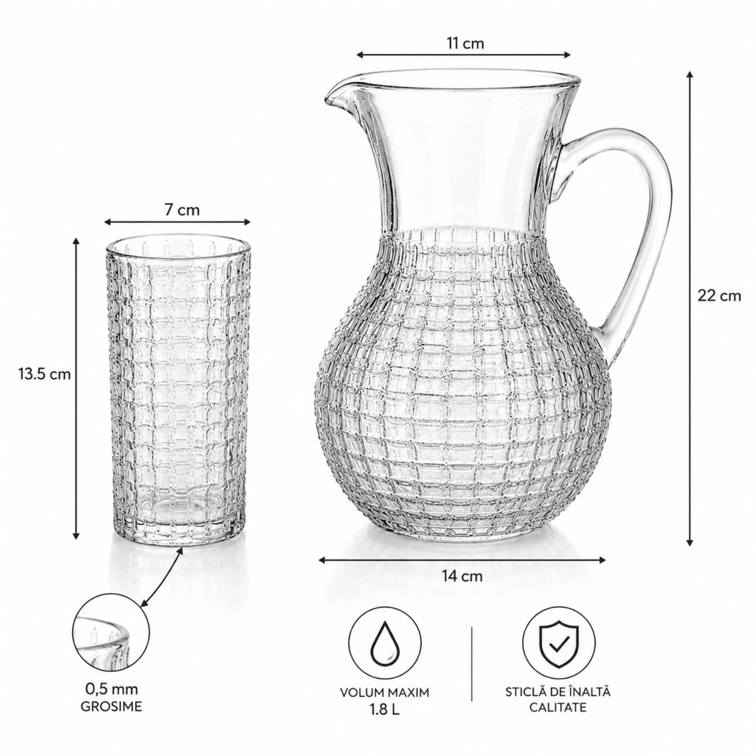 Carafa 22cm, cu 6 Pahare 13.5cm, din Sticlă Texturată, Model Împletit, Transparent